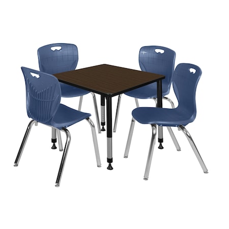 Regency Square Kee Adjustable Classroom Table W/ 4 Andy Stack Chairs, 30 in W, 30 in L, Neo Walnut TB3030NWAPBK40NV