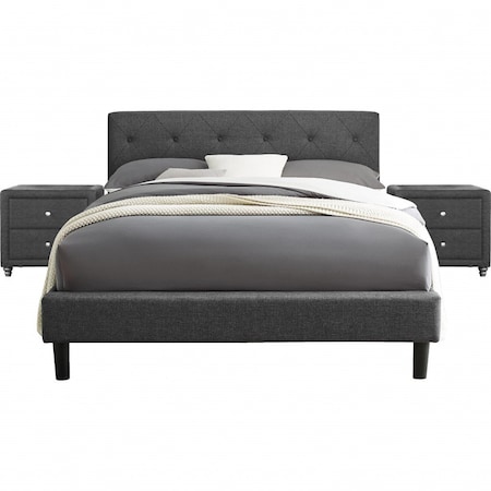 Homeroots Grey Platform King Bed with Two Nightstands 397024
