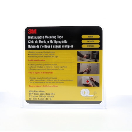 3M Double-Sided Foam Tape, 3/4 in W, 15 yd L, 1/16 in, Polyurethane Foam, Double-Sided 4016