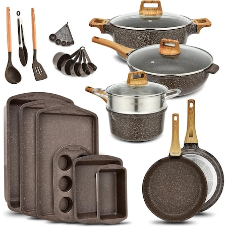 Bakken- Swiss Kitchen Cookware Set Nonstick Granite Coating, Pots and Pans w/ Handle Grips and Tempered Glass Lids BKCAS20BRN02
