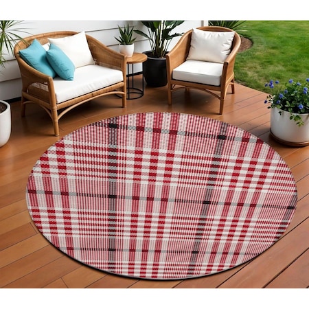Homeroots 8' Red Black And Ivory Round Plaid Washable Indoor Outdoor Area Rug 601514