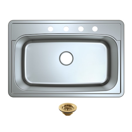 Kingston Brass 33-Inch Stainless Steel Self-Rimming Single Bowl Drop-In Kitchen Sink, 4-Hole with Strainer KGKTS3322907