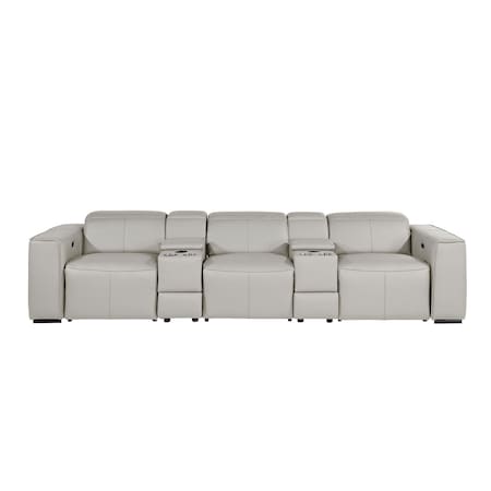 Homeroots 130" Light Gray Top Grain Leather Reclining Metal USB Sofa 720397