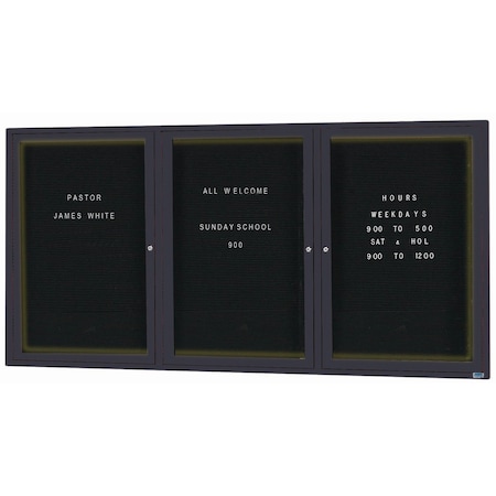 Aarco Illuminated Enclosed Letter Board Directory w/ Powder Coated Black Al Frame, 36''Hx72''W 3 Doors ADC3672-3IBK