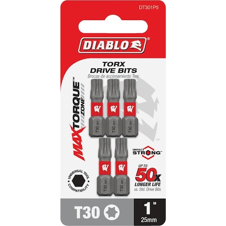 Diablo T30 TORX 1'' Insert Impact Screwdriver Bit, 5PK DT301P5