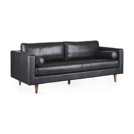 Homeroots 88" Black Leather Sofa And Toss Pillows With Brown Legs 607326
