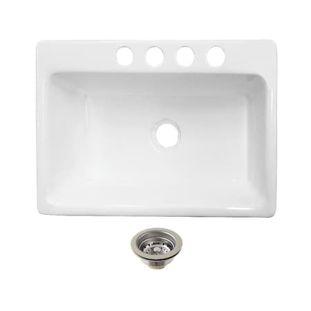Kingston Brass 33" Cast Iron Single Bowl Undermount Kitchen Sink, 4-Hole with Strainer, White/Polished Chrome KGCKUS332291