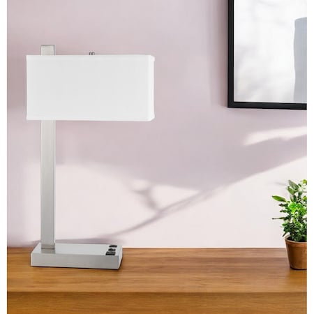 Homeroots 25" Nickel Metal Desk USB Table Lamp With White Shade 524761
