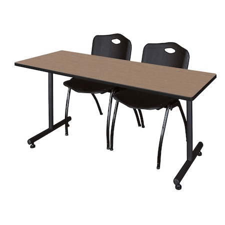 Regency Kobe T-Base Training Seminar Table W/ 2 M Stack Chairs, 72 in W, 24 in L, Noble Oak MKTRCT7224NO47BK