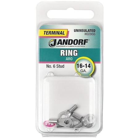 Jandorf Non-Insulated Ring Terminal, 16 to 14 AWG Wire, #6 Stud, Copper Contact 60966