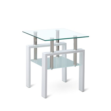 Homeroots 20" Clear and White Glass and Metal Square End Table With Shelf 635680