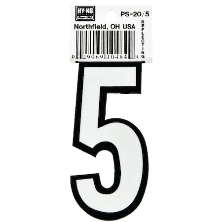 Hy-Ko Reflective Sign, Character: 5, 3-1/4 in H Character, Black/White Character, Vinyl PS-20/5