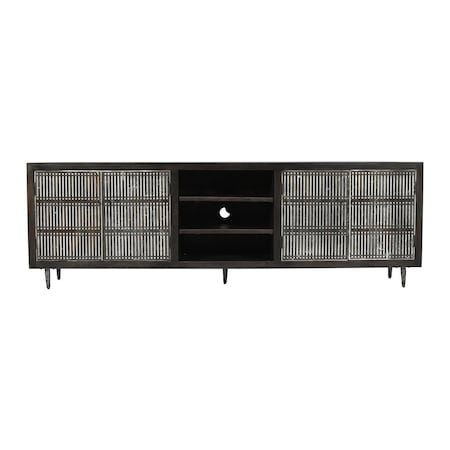 Homeroots 92in Dark Brown Carved Geometric Distressed Solid Wood Enclosed and Open Storage TV Stand 489507