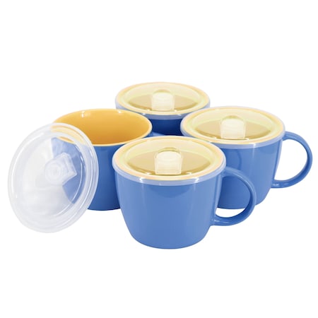 Gibson Home On The Go 4 Piece 25 Ounce Stoneware Soup Cup Set with Lid in Blue 142550.01