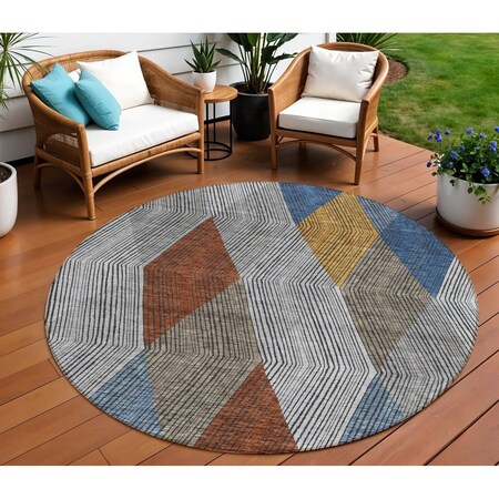 Homeroots 8' Gray Gold And Blue Round Argyle Washable Indoor Outdoor Area Rug 613695