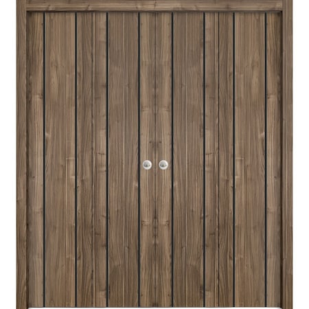 Sartodoors Sliding Closet Double Bi-fold Doors, Planum 0017 Walnut and Aluminum Strips, Sturdy Tracks Moldings PLANUM0017DBF-WLN-72 x 84 (4* 18x84)