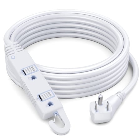 Maximm 15ft 3-Outlet Angled Flat Plug Extension Cord w/ Closing Hook, White ADW-LA04-05-15FT1PK