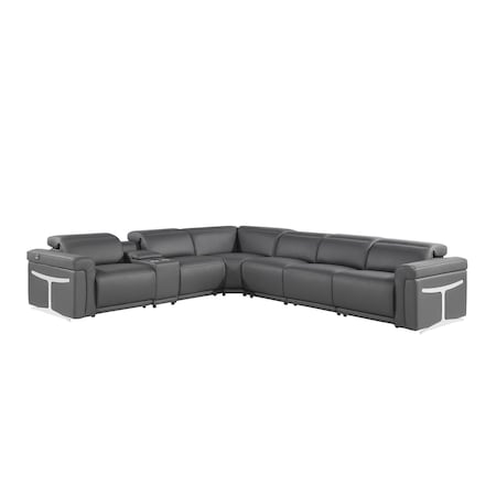 Homeroots Gray Italian Leather Modular L Shaped Seven Piece Corner Sectional With Console 534867