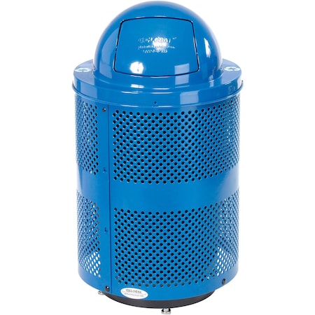 Global Industrial Outdoor Perforated Steel Recycling Trash Can, Base and Dome Lid, 36 Gal, Blue B3178678