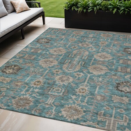 Homeroots 5' X 8' Teal Blue Aqua And Beige Oriental Washable Indoor Outdoor Area Rug 582135