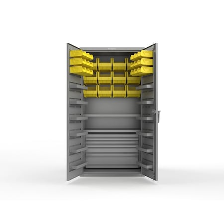 Strong Hold 14 GA Bin Cabinet with 2 Shelves, 4 Drawers - 36 In W. x 72 In. H x 24 In. D - 30 Yellow Bins 36-BBS-242-4DB-30Y-12DP-NL-L