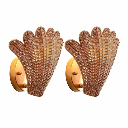 Jonathan Y Elodie 11.5" Vintage Coastal 1-Light Rattan Scallop Shell LED Wall Sconce, Brown/Gold Painting, 2PK JYL5709A-SET2