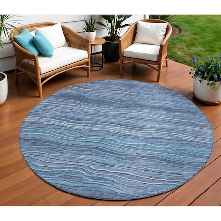Homeroots 8' Denim Blue And Sky Blue Round Abstract Washable Indoor Outdoor Area Rug 618270