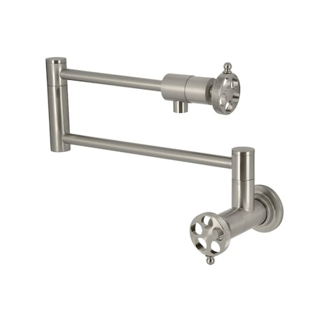 Kingston Brass Wall Mount Pot Filler Faucet with Knurled Handle, Brushed Nickel KS4108RKX