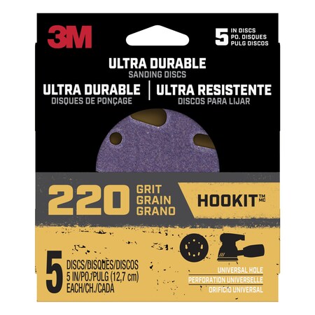 3M Ultra Durable 5 inch Power Sanding Discs, Universal Hole, 220 grit, 20PK DISC5IN5PK220
