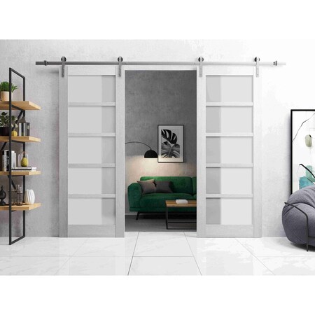 Sartodoors Sturdy Double Barn Door with Frosted Glass Grey 84x96 (2* 42x96) Solid Core Modern Interior QUADRO4002DB-S-OAK-8496