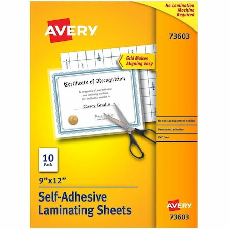 Avery Self-Adhesive Laminating Sheets, Laminating Pouch/Sheet Size: 9in W x 12in L, Glossy, 10PK 73603