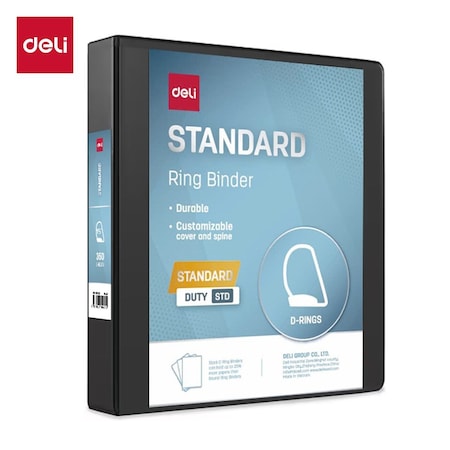 Deli Std Duty View Binder 1.5in, Letter, D-Ring, PVC-Free, Black, 12PK CF568-BK