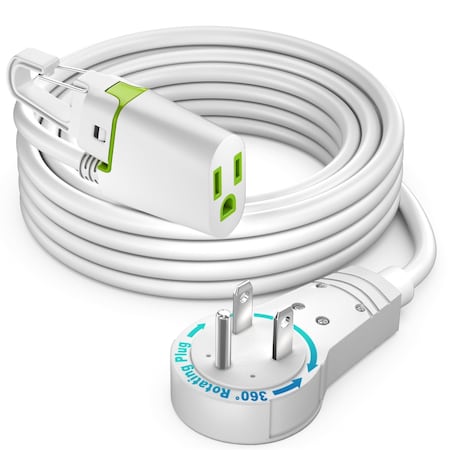 Maximm 15ft 16AWG 360 degrees Flat Plug Extension Cord w/ Hook, Indoor UL, White ADW-360-31H15-WH
