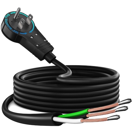Maximm 10ft 14AWG 3-Prong Pigtail Open End Replacement Power Cord, 360 degrees Flat Plug, Black ADW-360-CWR10-14B0