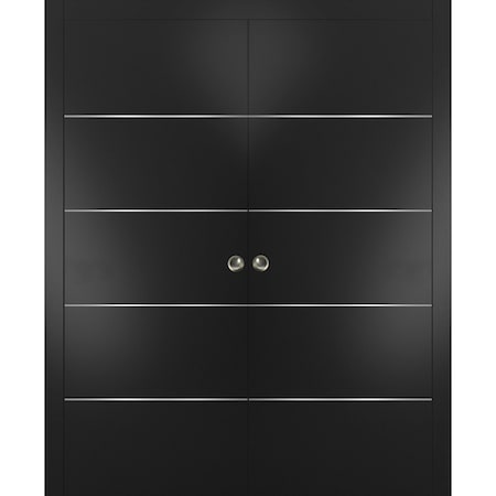 Sartodoors Sliding French Double Pocket Doors, Planum 0020 Matte Black, Kit Trims Rail Hardware, Solid Wood In PLANUM0020DP-BLK-4896
