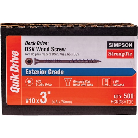 Simpson Strong-Tie Deck-Drive DSV WOOD Screw, Collated No, 10 x 3'' T25 6-Lobe Tan, 500-Qty HCKDSVT3S