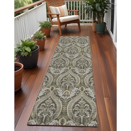 Homeroots 8' Taupe And Beige Damask Washable Indoor Outdoor Runner Rug 563890