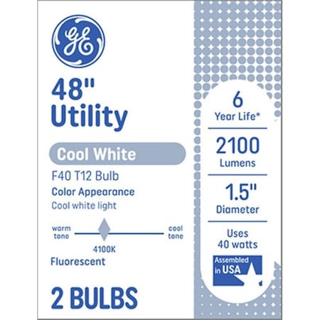 Ge 66651 Light Bulb, 4100 K Color Temp, Cool White, 2100 Lumens, 40 W, T12 Lamp, PK2 93131323