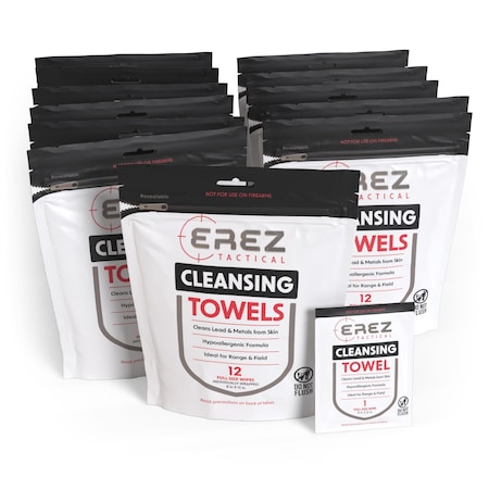Erez Tactical XL Lead Removal Cleansing Body Wipes Single Sachets 12ct Zip Pack, 144 Hypoallergenic Towels, 12PK ET72201CT-12