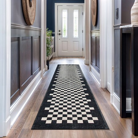 World Rug Gallery Contemporary Checkered Border Washable Non Slip Runner Rug 2 ft x 10 ft Black WR81BLACK2X10
