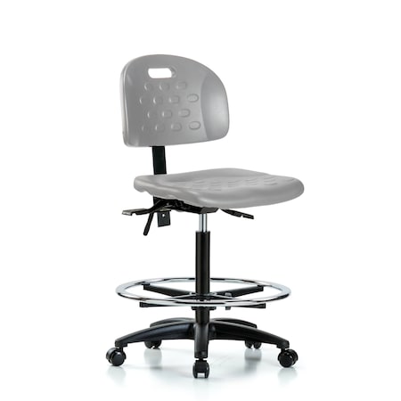 Blue Ridge Ergonomics Poly Chair - High Bench Height with Seat Tilt, Chrome Foot Ring, & Casters in Gray Poly HPHBCH-RG-T1-A0-CF-RC-GRY