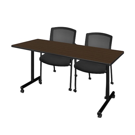 Regency Kobe Mobile T-Base Training Seminar Table W/ 2 Knight Mesh Chairs, 60 in W, 24 in L, Neo Walnut MKTRCC6024NW56CBK