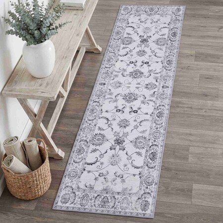 Jonathan Y Arabella Vintage Floral Border Non-Slip Machine-Washable Ivory/Gray 2 ft. x 8 ft. Runner Rug VOR107F-28