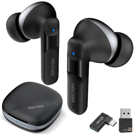 Delton Wireless Earbuds with 4 ENC Microphone, Connectivity with USB Dongle Type-A &Type-C, Black T50