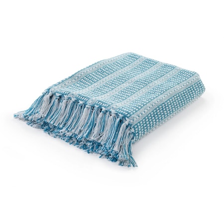 Homeroots Blue and White Woven Cotton Striped Throw Blanket 516607