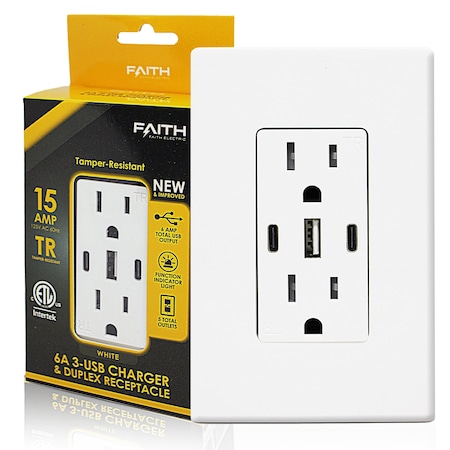 Faith USB Receptacle Outlet White, 15A 30-Watt with 2 Type C, 1 Type A USB Charger and Screwless Wallplate UC2A1-15A6ASP