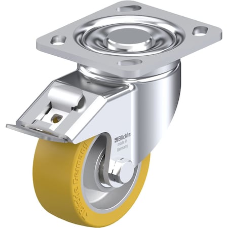 Blickle Swivel Plate Caster, PU, 4", Brake, Caster Wheel/Tread Material: Aluminum/Polyurethane Elastomer LH-ALTH 101K-14-FI