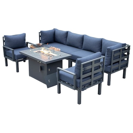 Leisuremod Chelsea 7-Piece Patio Sectional And Fire Pit Table Black Aluminum With Blue Cushions CSFBL-7BU