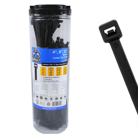 Cable Tie Tubes Assortment, 4 in, 8 in, and 11 in L, 18 lb and 50 lb Strength, Nylon, Black, 505PK