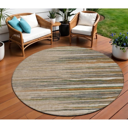 Homeroots 8' Taupe Copper And Green Round Striped Washable Indoor Outdoor Area Rug 597297